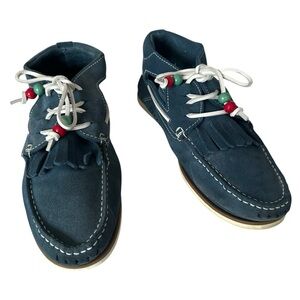 DOLFIE IMAGINE PEACE MOCCASIN BOAT SHOES BLUE SUEDE FRINGE BEADS SIZE 42